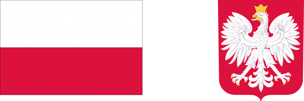 Po lewej stronie flaga Polski, po prawej stronie godło Polski